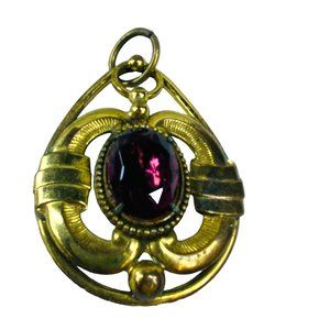 Pendant for Necklace Brass Gold Color Oval Center Stone Purple Color Aged Patina